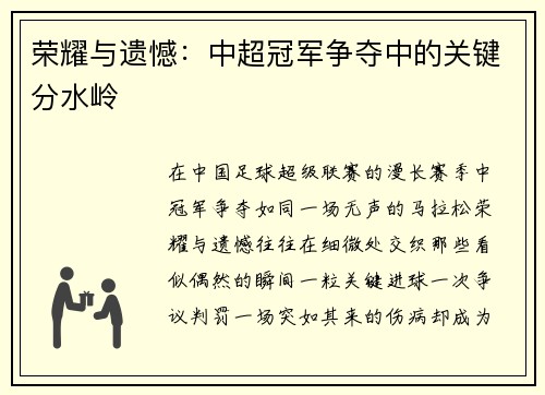 荣耀与遗憾：中超冠军争夺中的关键分水岭